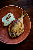 Grilled fish stuffed with spicy tomato sauce