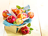 Nectarines and apricots in wooden baskets