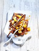 French toast-style gingerbread with pears and toffee sauce