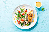 Salmon steak with rice and vegetables