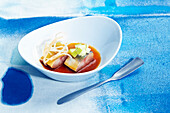 Marinated mackerel with lime-soy sauce and rhubarb-apple sauce
