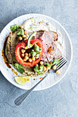 Roast beef with peppers and three kinds of hummus
