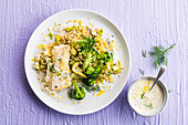 Fish with lemon, leek and broccoli rice