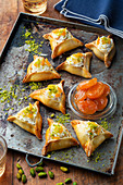 Cheese, dried apricot and pistachio turnovers