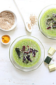 Courgette soup with seaweed and sesame seeds