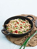 Creamy rice with tender beans, bacon and Emmental cheese