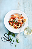 Tagliatelles with shrimps,tomatoes and parmesan