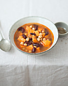 Sweet potato soup with chickpeas and red beans