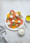 Multicolored tomato salad with laughing cow cream