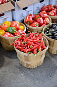 Assorted chillies and aubergines at a market
