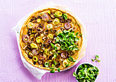 Autumn vegetable cake with leek, mushrooms and red onions