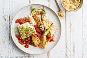 Baked feta with tomato sauce and roasted fennel