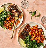 Grilled trout, sweet potatoes and rocket lettuce
