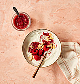 Coconut and chia seed yoghurt with raspberry jam