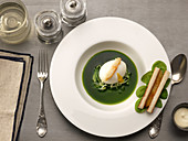 Watercress soup with a soft-boiled egg