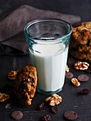 Cookies with cranberries, chocolate and nuts served with a glass of milk