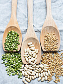 Dried pulses and cereals with wooden spoons