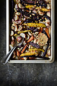 Oven roasted vegetables on a baking tray