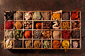 Many different spices in a box