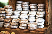 Display of different goat's cheeses