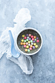 Chia seed pudding topped with multicolored tapioca balls