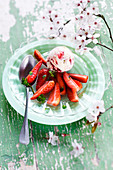 Strawberry and pistachio yoghurt ice cream,strawberry fruit salad with mint