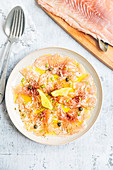 Wild salmon carpaccio with lemon,ginger,olive oil,capers and dill