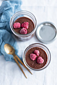 Chocolate and chia seed mousse with raspberries