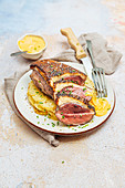 Grilled magret with cheddar sauce and potato Galette
