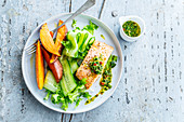 Steamed salmon steak, sweet potatoes and cucumber ribbons