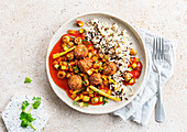 Veggie meatballs with tomato sauce, vegetables and rice