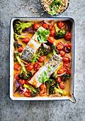 Baked salmon steak with curry vegetables