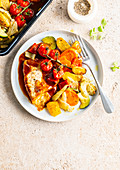 Turkey saltimbocca with brown beer sauce and vegetables