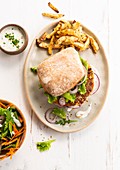Celery burger and salad, french fries
