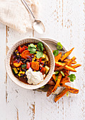 Meatless Chili with Sweet Potato Fries