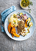 Baked fish in herb crust with fennel and sweet potato