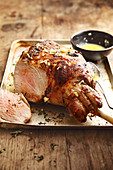 Roasted leg of lamb with salted butter and barbecue