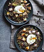Soft-boiled eggs with green lentils and smoked fish