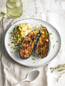 Grilled aubergine garnished with chickpea puree