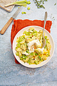 Warm salad of leeks and potatoes with poached egg