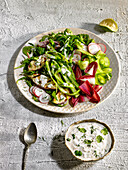 Mixed salad with crisp vegetables, grilled potatoes and cottage cheese sauce