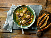 Chicken Soup with Chicken Meatballs, Spinach and Red Beans