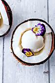Coconut ice cream served in a coconut shell