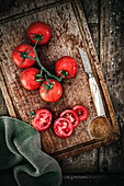 Vine tomatoes on a wooden board
