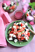 Watermelon Salad with Fresh Cheese, Olives and Mint