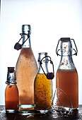 Different kinds of fruit kefir in bottles