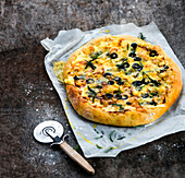 Pizza with cheese with black olives