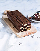 Checkerboard cake with chocolate icing