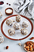 Energy balls with almond, chocolate, and coconut