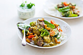Beef curry with vegetables and rice